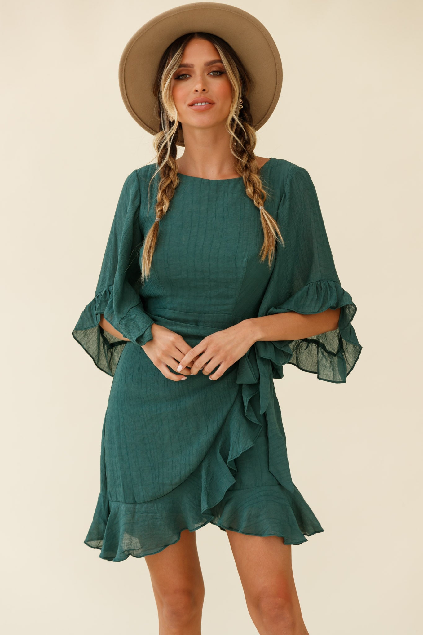 Make It Happen Flared Sleeve Ruffle Trim Dress Green by Selfie Leslie
