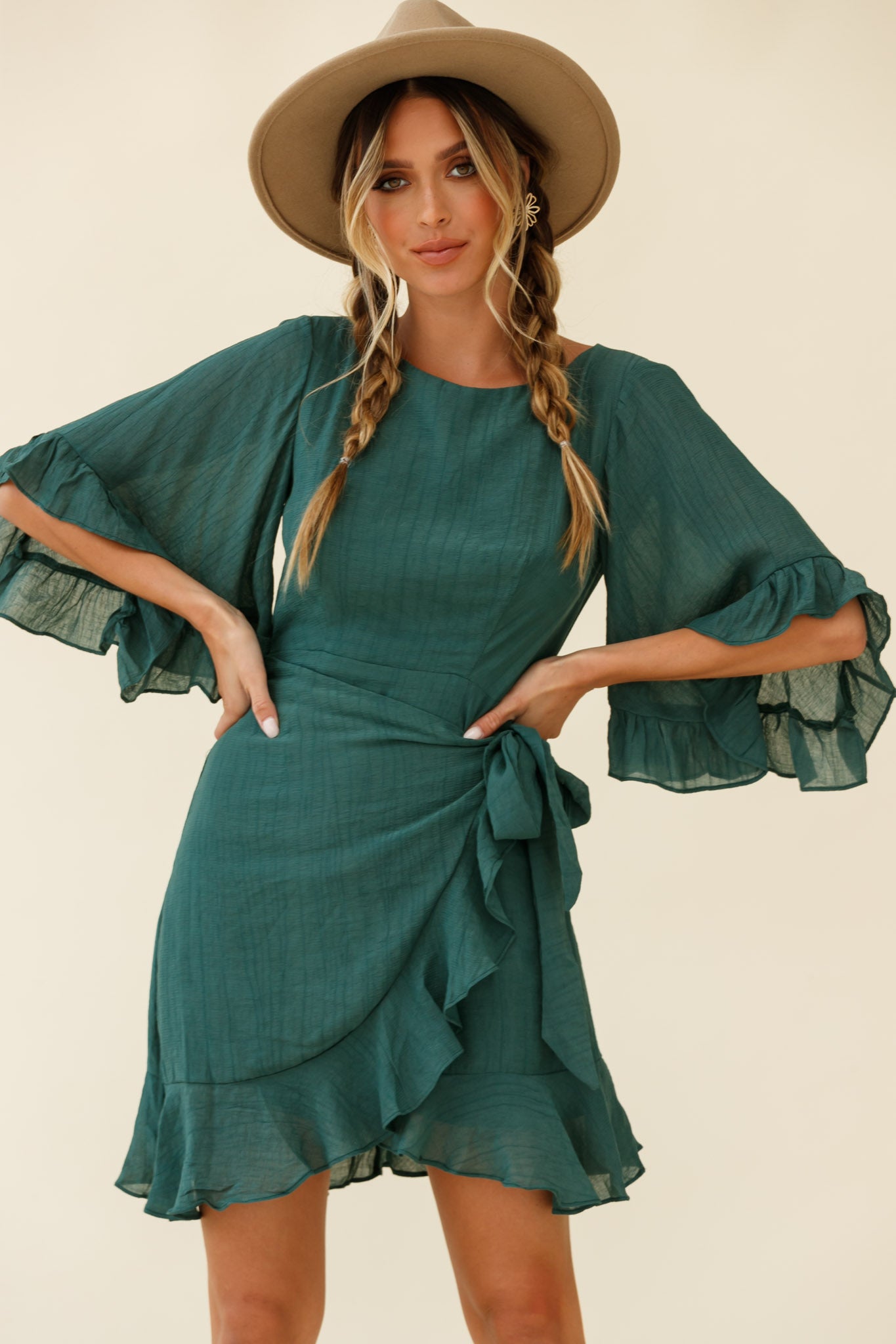 Make It Happen Flared Sleeve Ruffle Trim Dress Green by Selfie Leslie