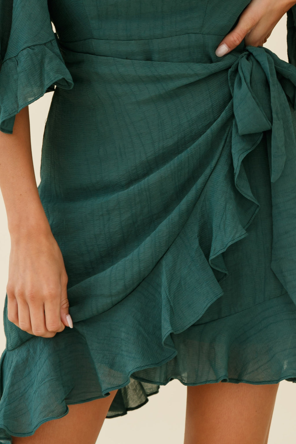 Make It Happen Flared Sleeve Ruffle Trim Dress Green by Selfie Leslie
