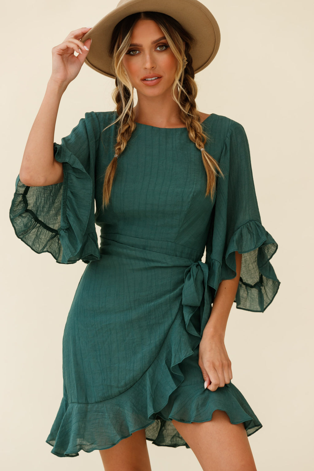 Make It Happen Flared Sleeve Ruffle Trim Dress Green by Selfie Leslie
