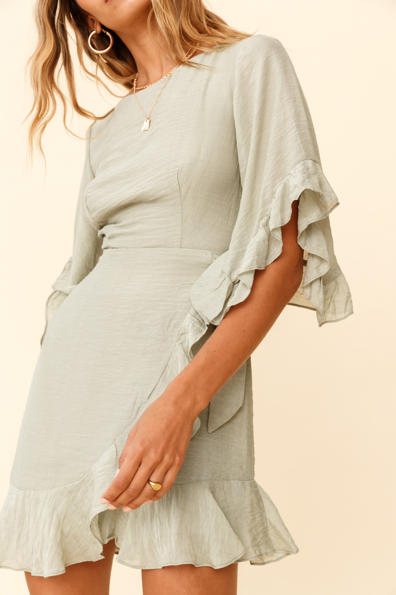 Make It Happen Flared Sleeve Ruffle Trim Dress Pistachio by Selfie Leslie