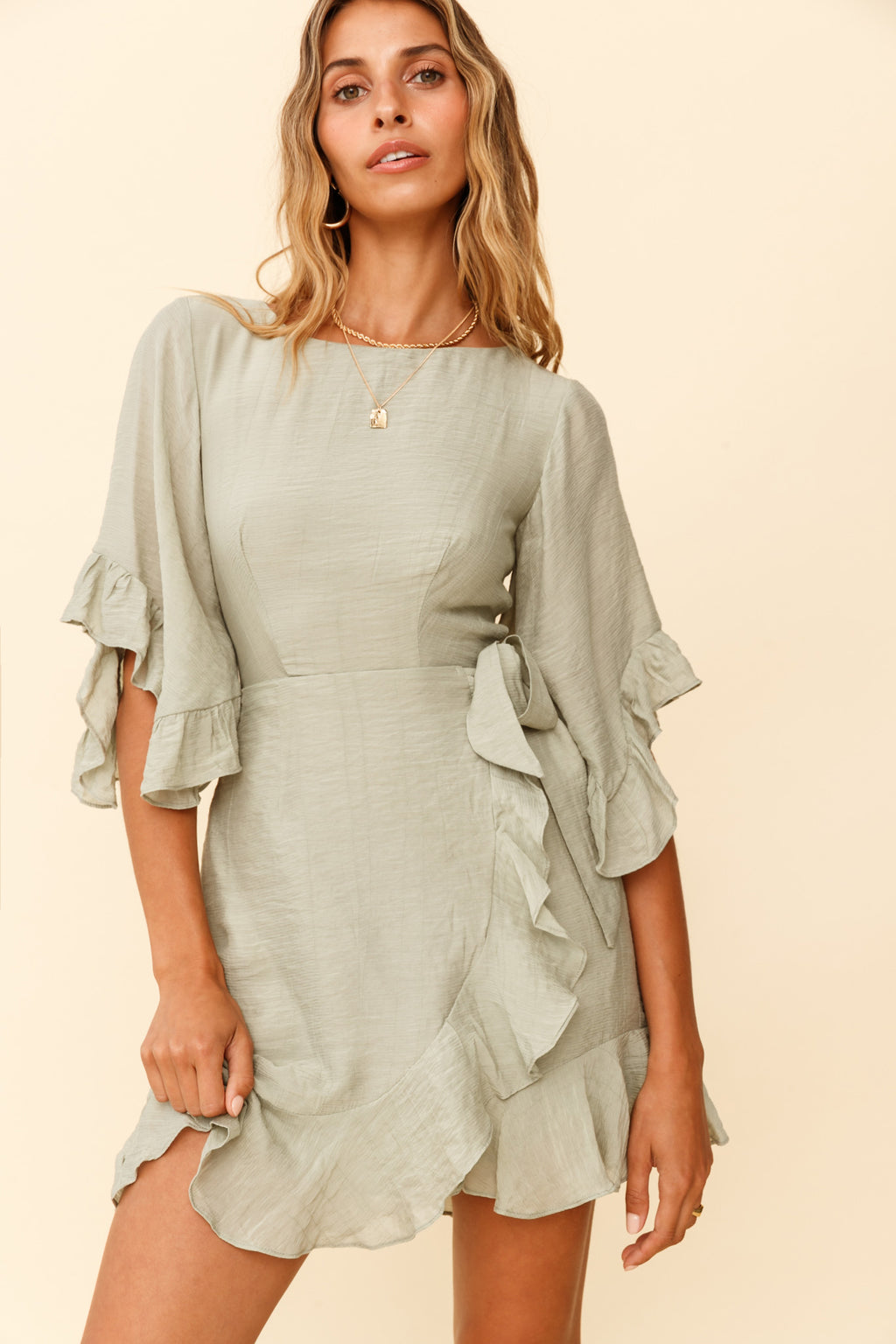 Make It Happen Flared Sleeve Ruffle Trim Dress Pistachio by Selfie Leslie