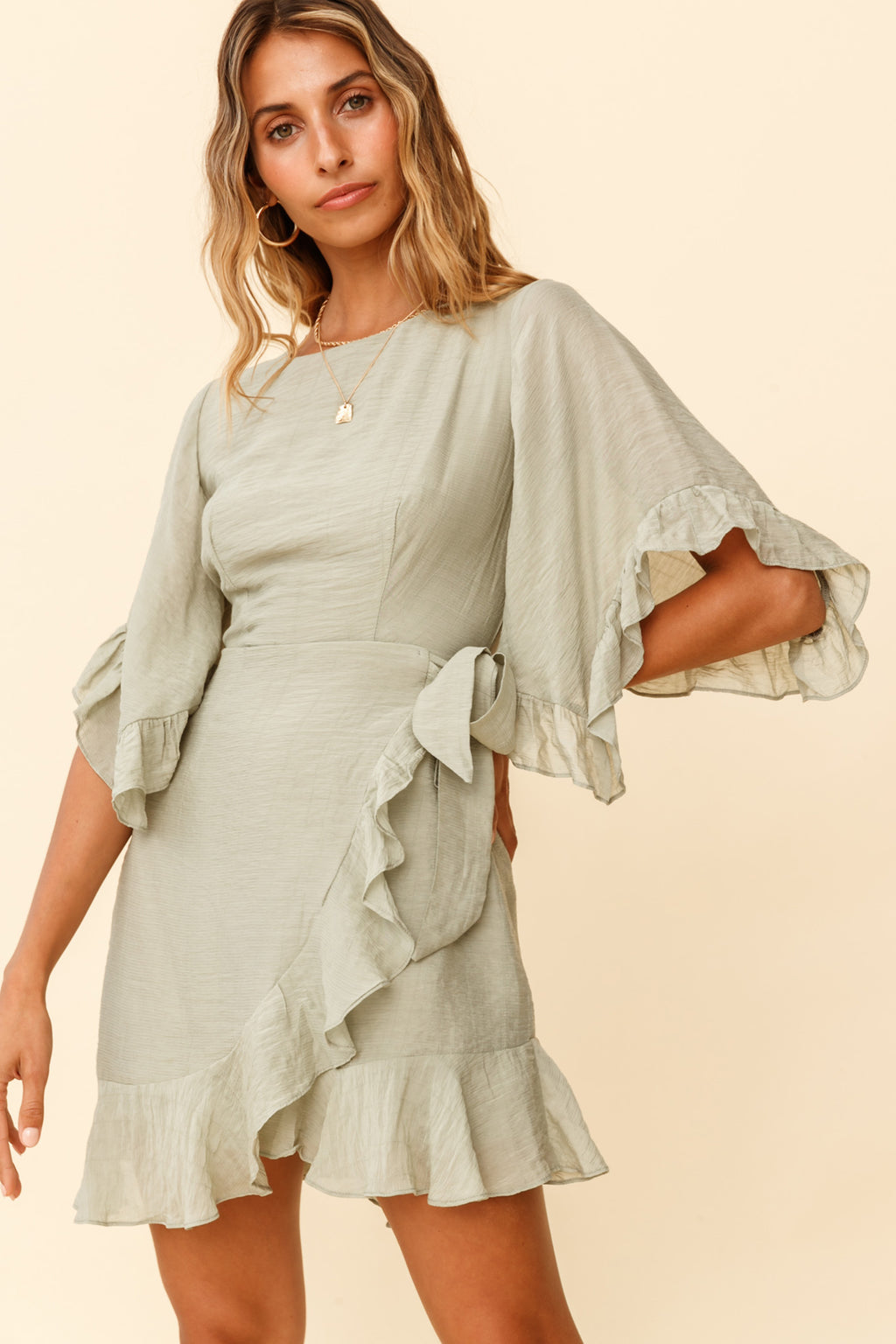 Make It Happen Flared Sleeve Ruffle Trim Dress Pistachio by Selfie Leslie