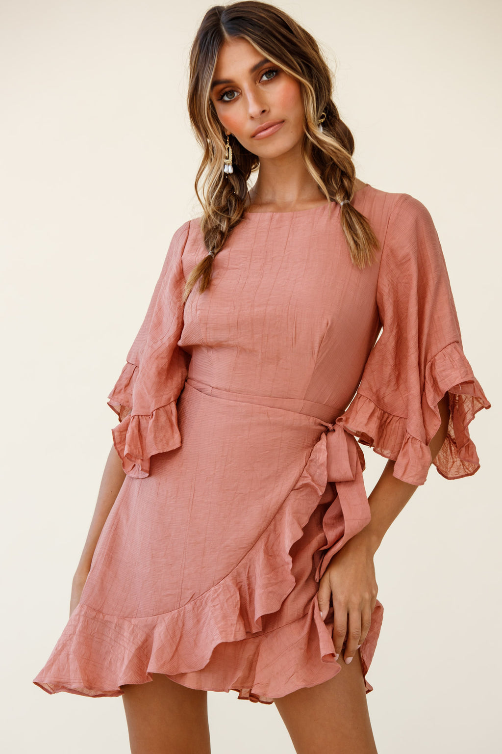 Make It Happen Flared Sleeve Ruffle Trim Dress Rose by Selfie Leslie