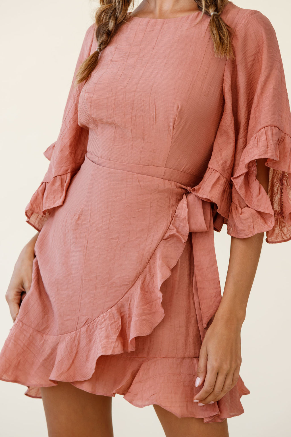Make It Happen Flared Sleeve Ruffle Trim Dress Rose by Selfie Leslie