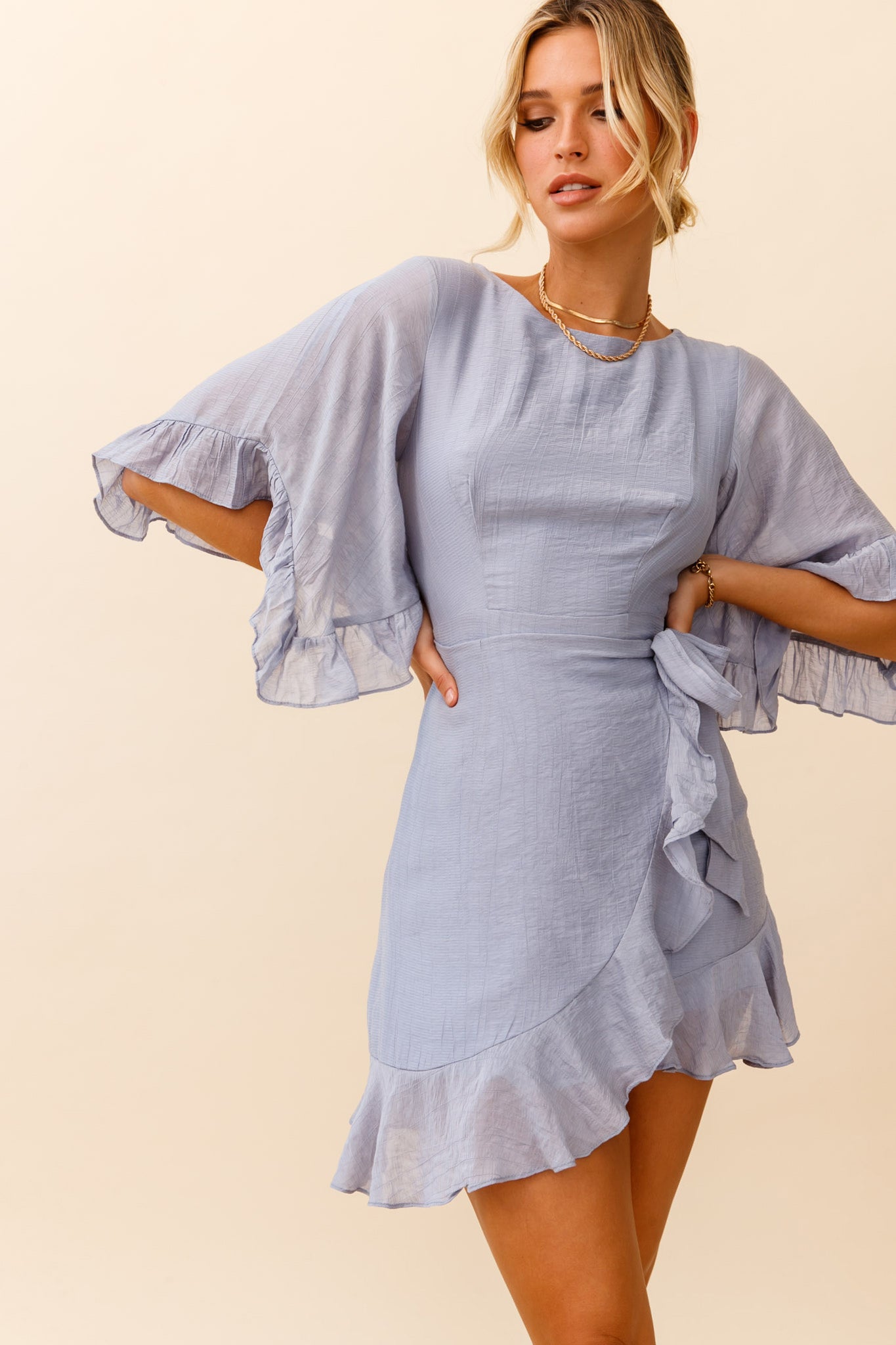 Make It Happen Flared Sleeve Ruffle Trim Dress Steel Blue by Selfie Leslie