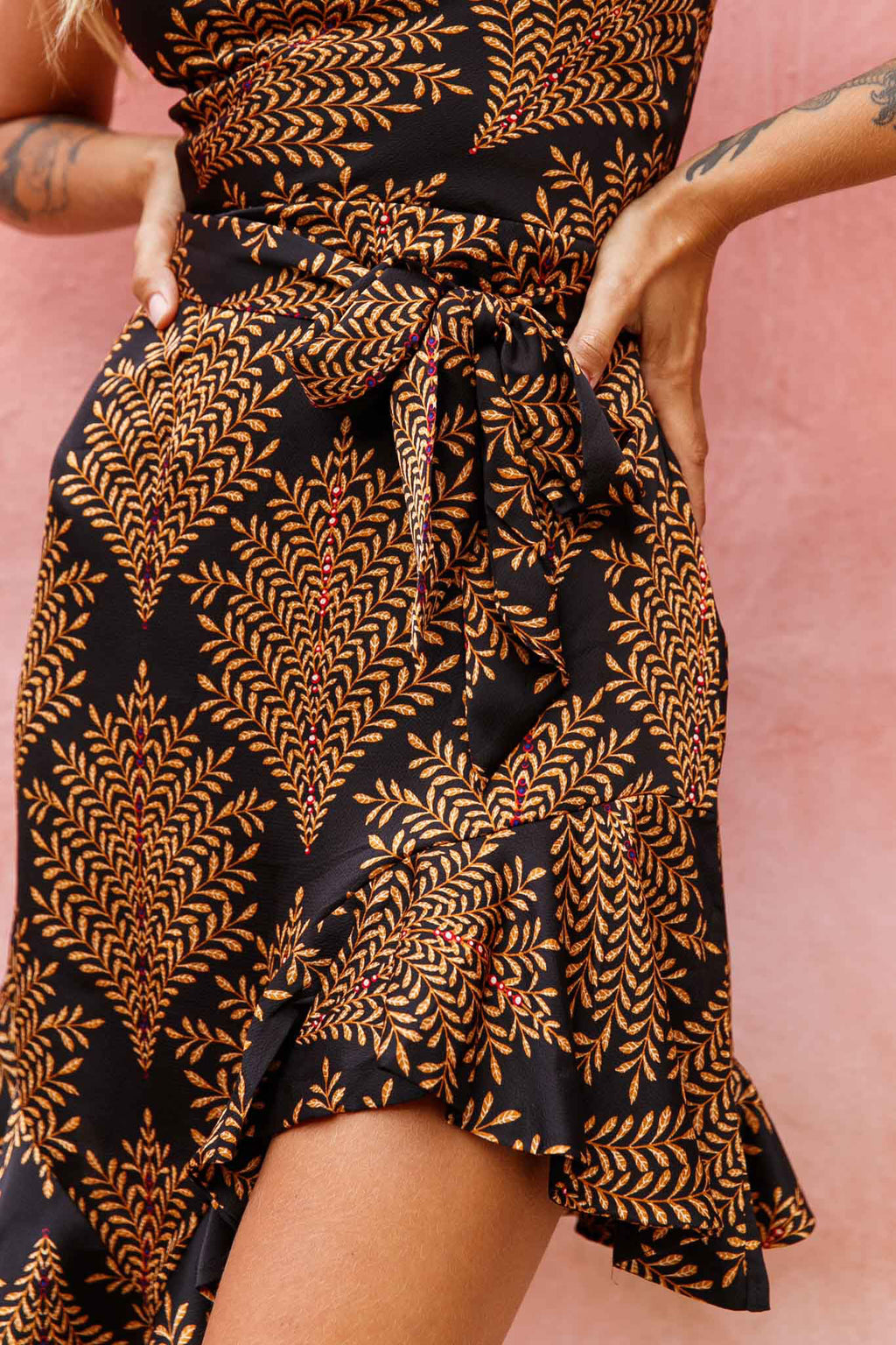 On The Prowl Cowl Neck Asymmetrical Hem Dress Leaf Print Mustard by Selfie Leslie