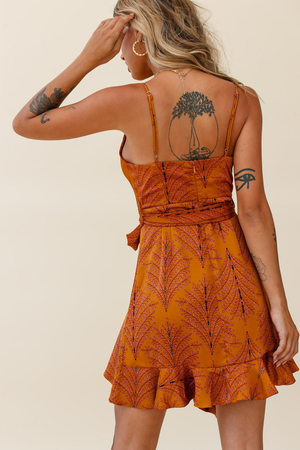On The Prowl Cowl Neck Asymmetrical Hem Dress Leaf Print Tan by Selfie Leslie