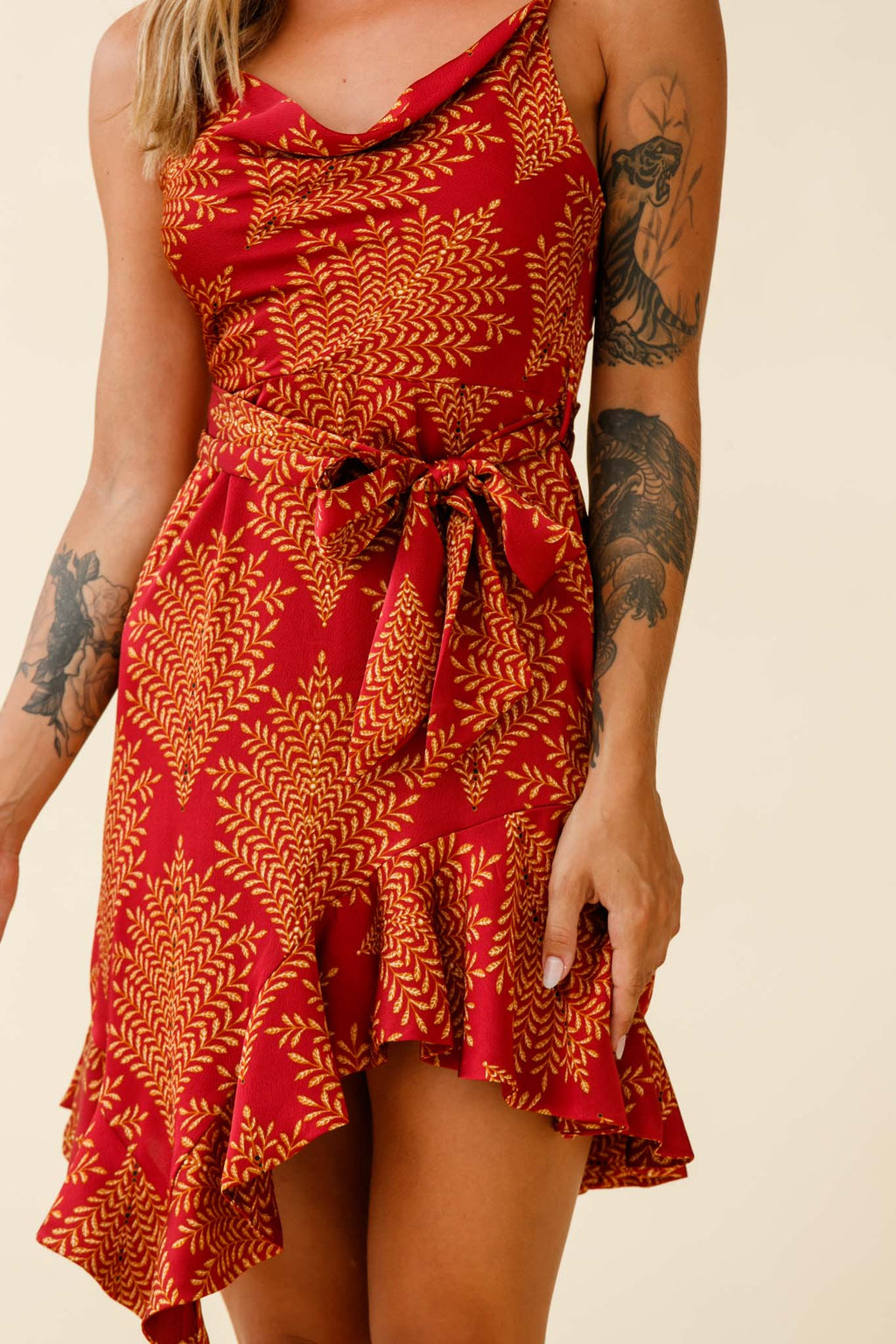 On The Prowl Cowl Neck Asymmetrical Hem Dress Leaf Print Wine by Selfie Leslie