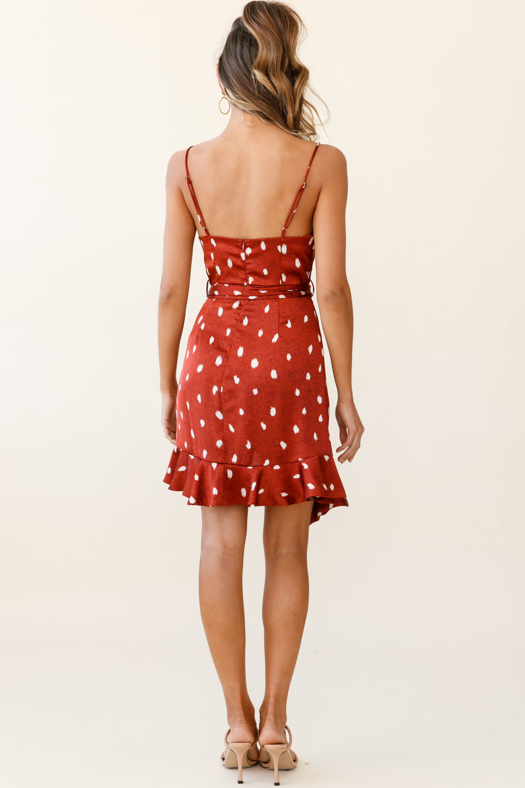 On The Prowl Cowl Neck Asymmetrical Hem Dress Spot Print Rust by Selfie Leslie