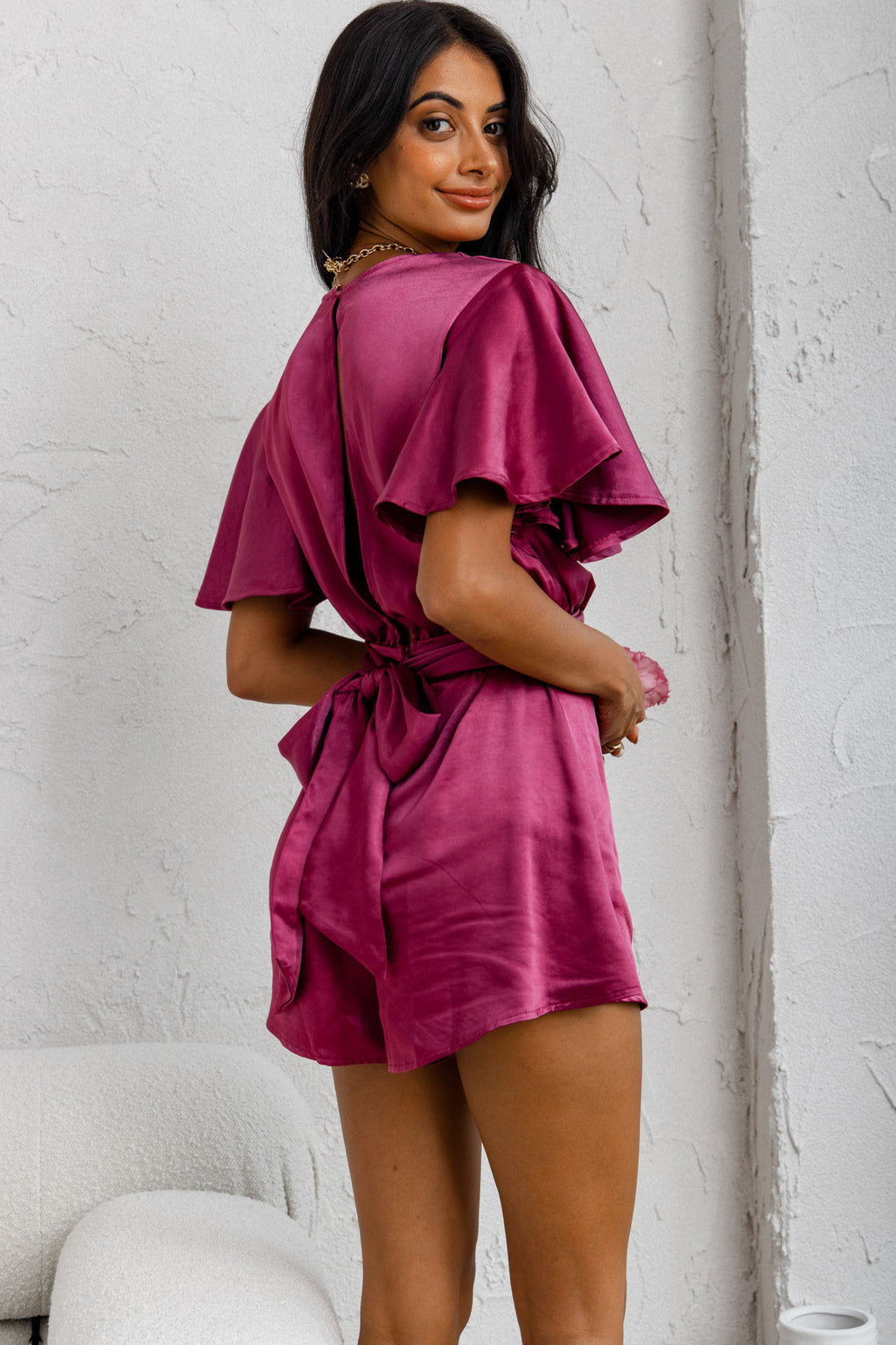 Unconditional Plunging Wrap Style Romper Fuchsia by Selfie Leslie