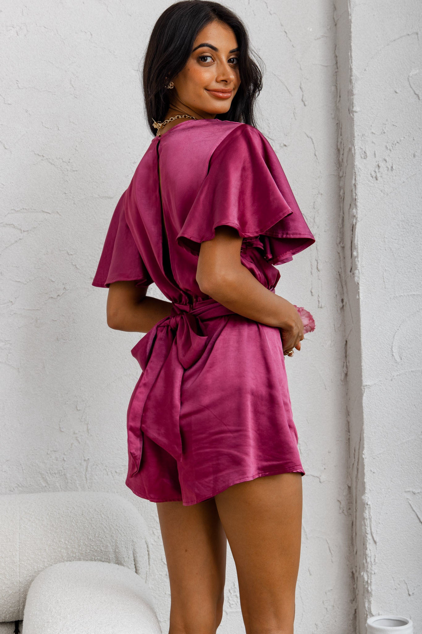 Unconditional Plunging Wrap Style Romper Fuchsia by Selfie Leslie