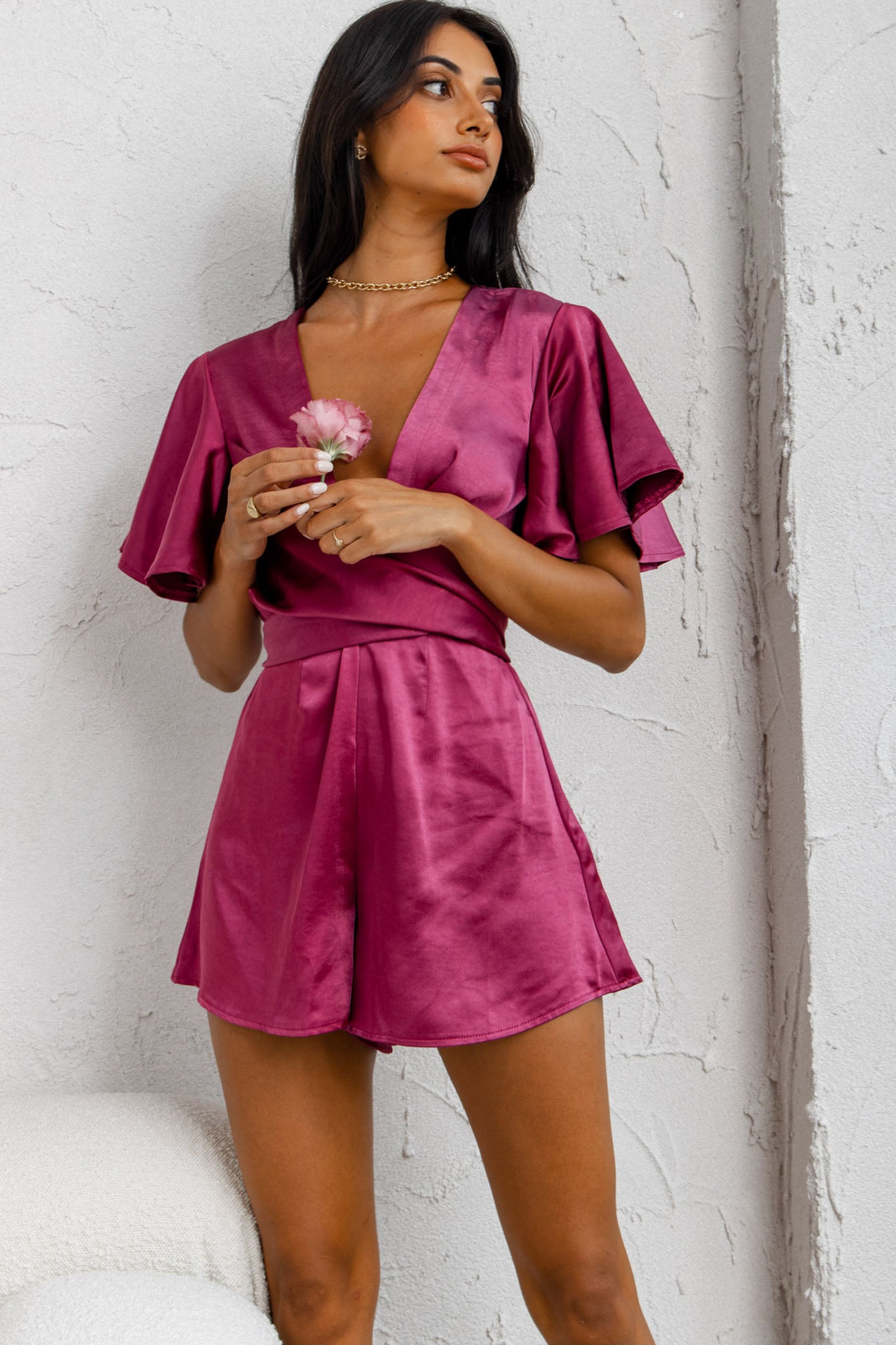 Unconditional Plunging Wrap Style Romper Fuchsia by Selfie Leslie