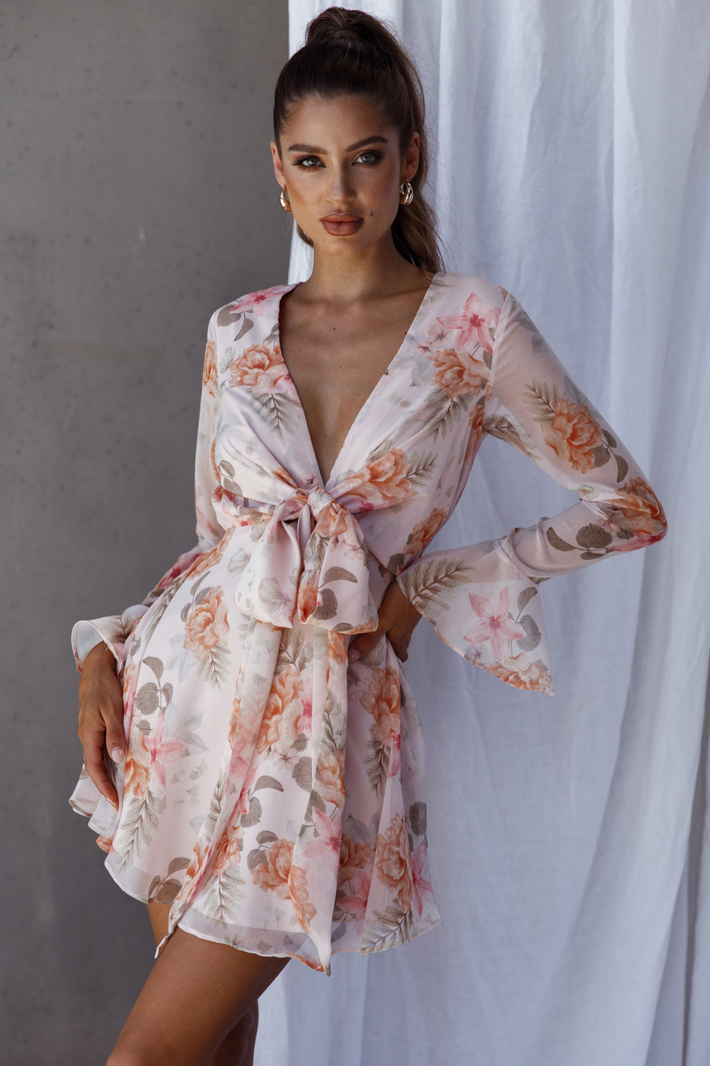 Unconditional Tied Front Dress Floral Blush by Selfie Leslie
