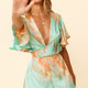 Unconditional Plunging Wrap Style Romper Marbled Tie Dye Aqua/Orange