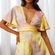 Unconditional Plunging Wrap Style Romper Marbled Tie Dye Pink/Yellow