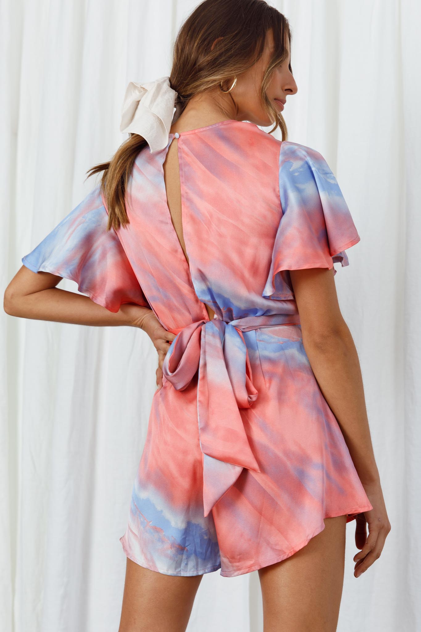 Unconditional Plunging Wrap Style Romper Marbled Tie Dye Red/Purple by Selfie Leslie