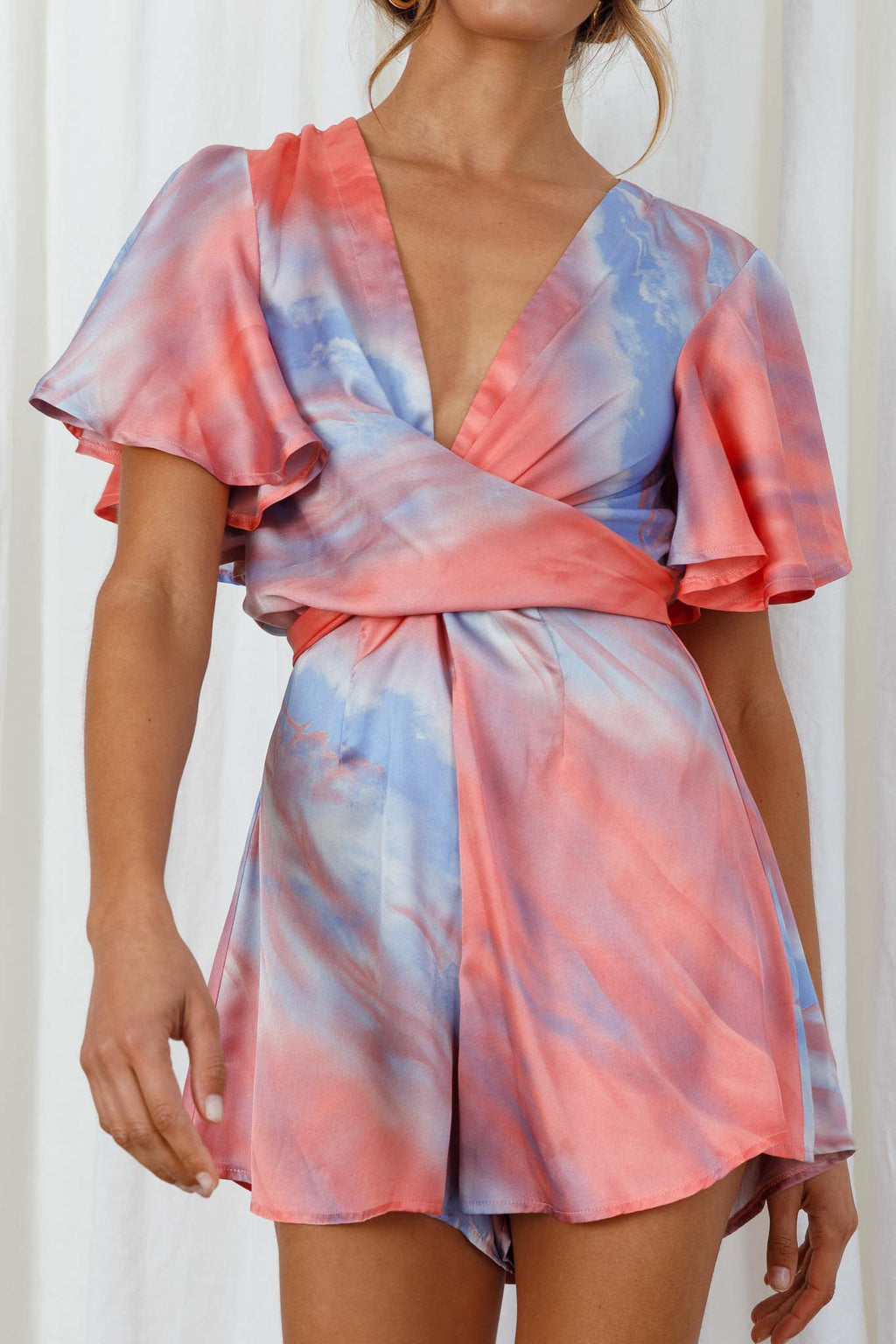 Unconditional Plunging Wrap Style Romper Marbled Tie Dye Red/Purple by Selfie Leslie