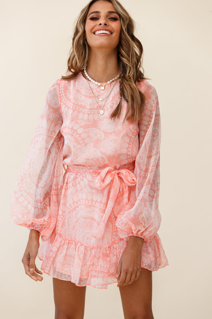 Always & Forever Long Balloon Sleeve Crew Neck Dress Paisley Print Peach by Selfie Leslie