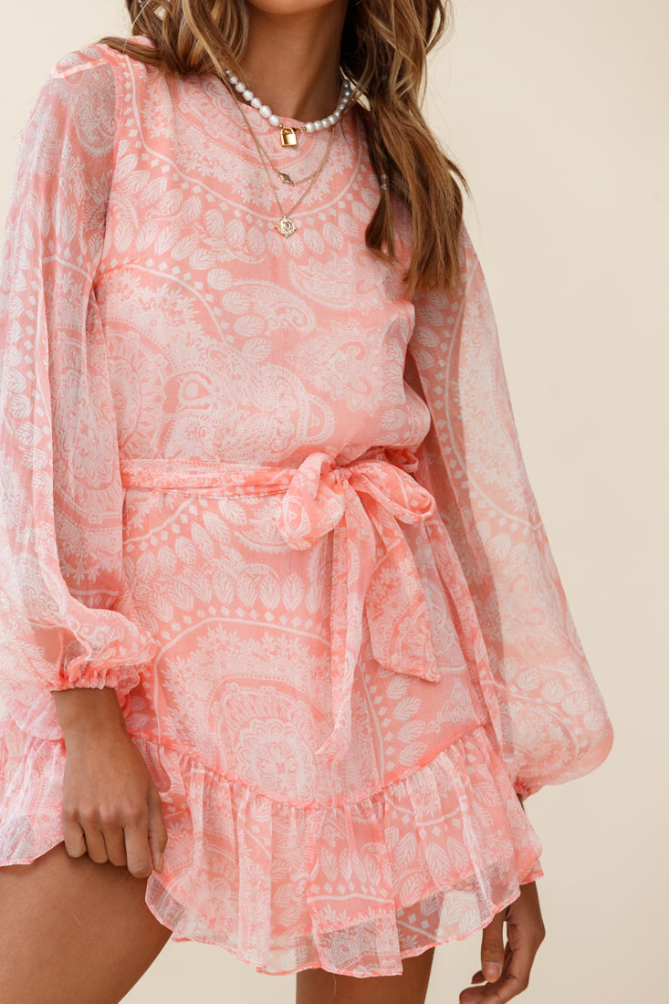 Always & Forever Long Balloon Sleeve Crew Neck Dress Paisley Print Peach by Selfie Leslie
