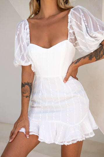 Shop the Ring My Bell Sheer Puff Sleeve Embroidery Detail Dress White ...