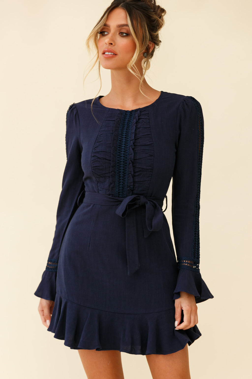Gardenia Long Sleeve Frill & Crochet Trim Dress Navy by Selfie Leslie