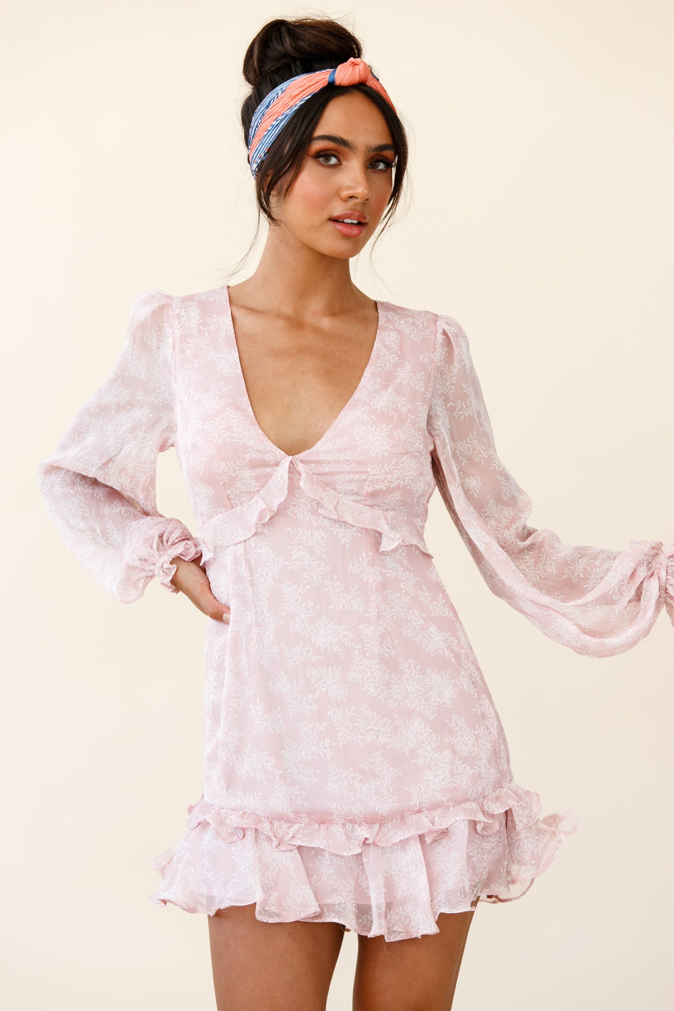 Amarantha Sheer Balloon Sleeve Frill Trim Dress Floral Print Pink by Selfie Leslie