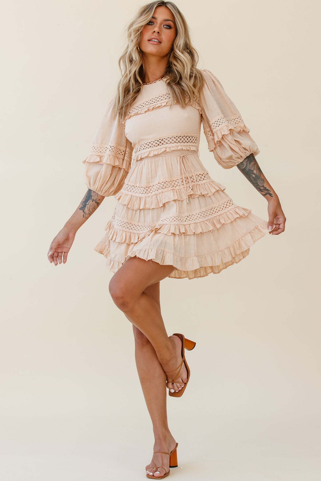 Dream About It Puff Sleeve Frill Dress Nude by Selfie Leslie