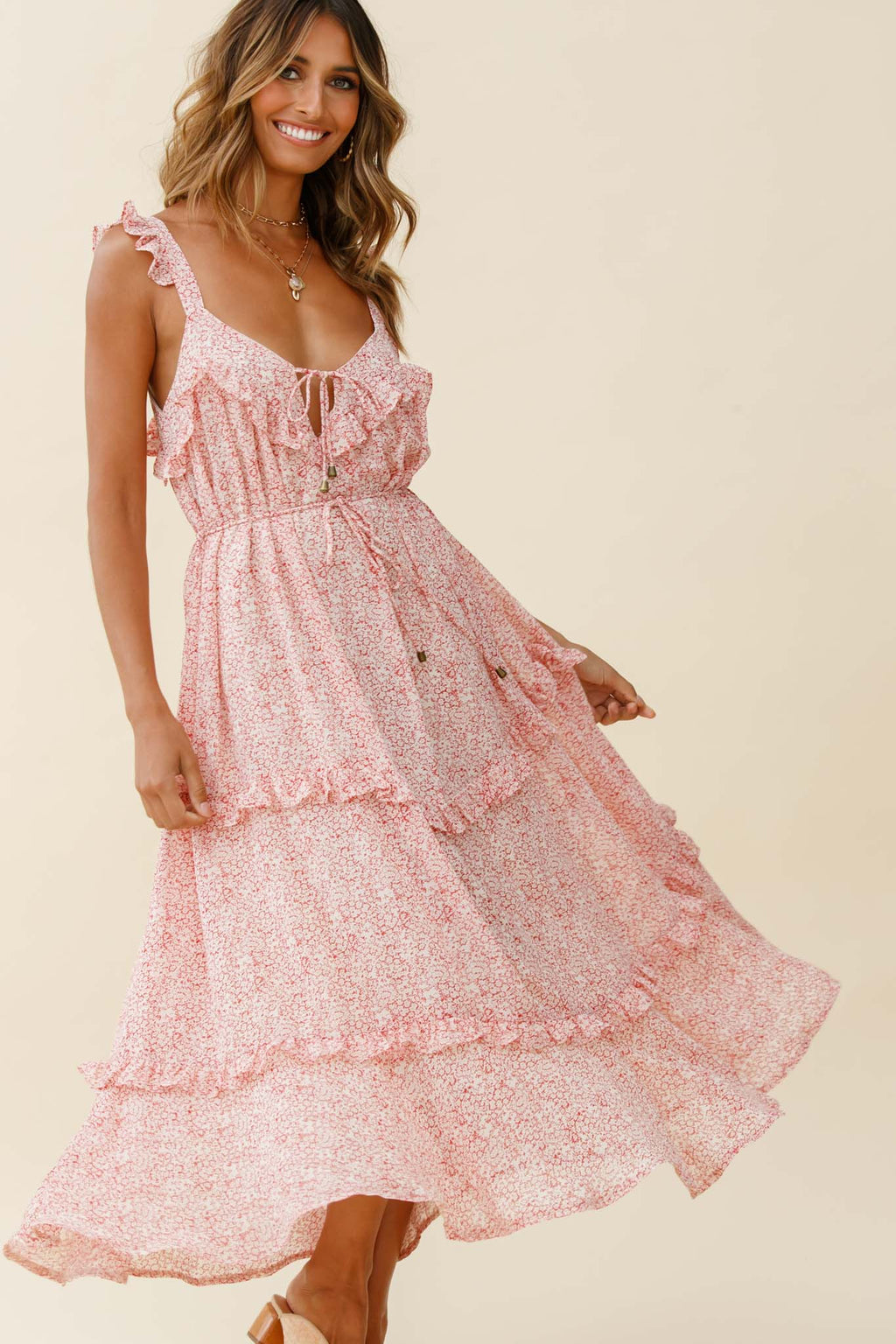 Priscilla Tied Bust Frill Detail Maxi Dress Floral Print Red by Selfie Leslie