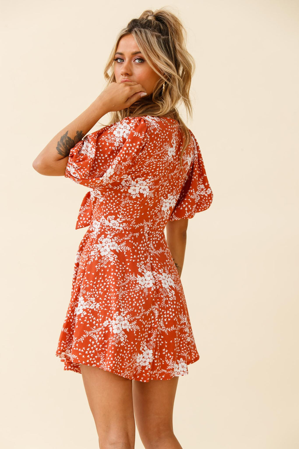 Portia Tied Bust Puff Sleeve Dress Flower Pattern Rust by Selfie Leslie