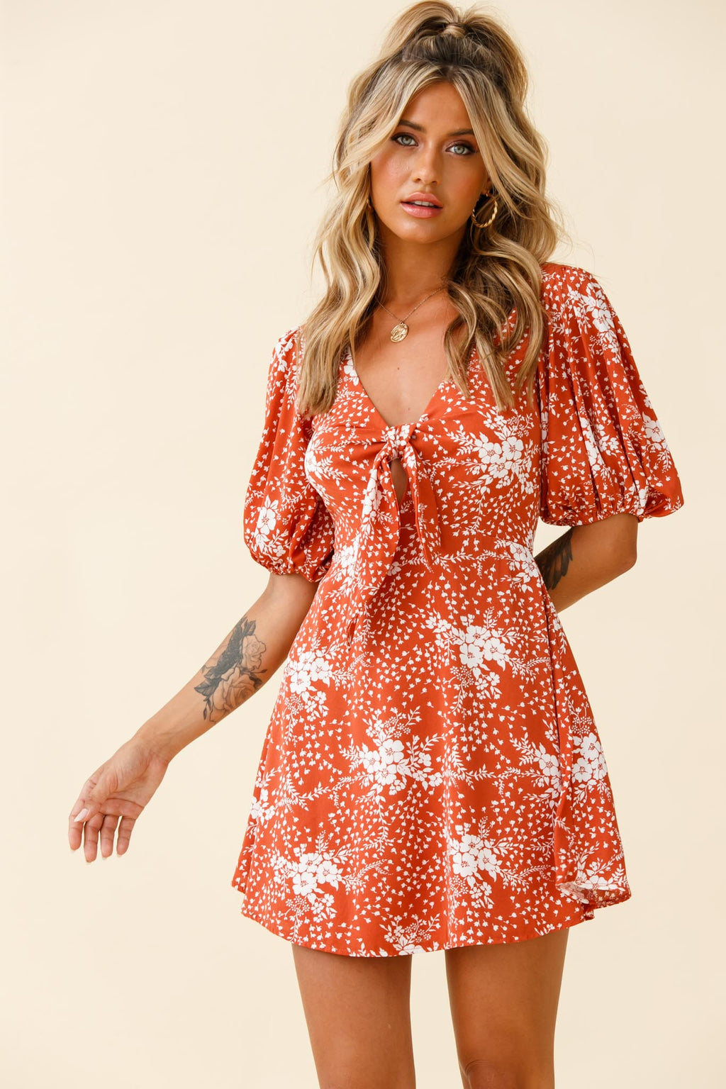Portia Tied Bust Puff Sleeve Dress Flower Pattern Rust by Selfie Leslie