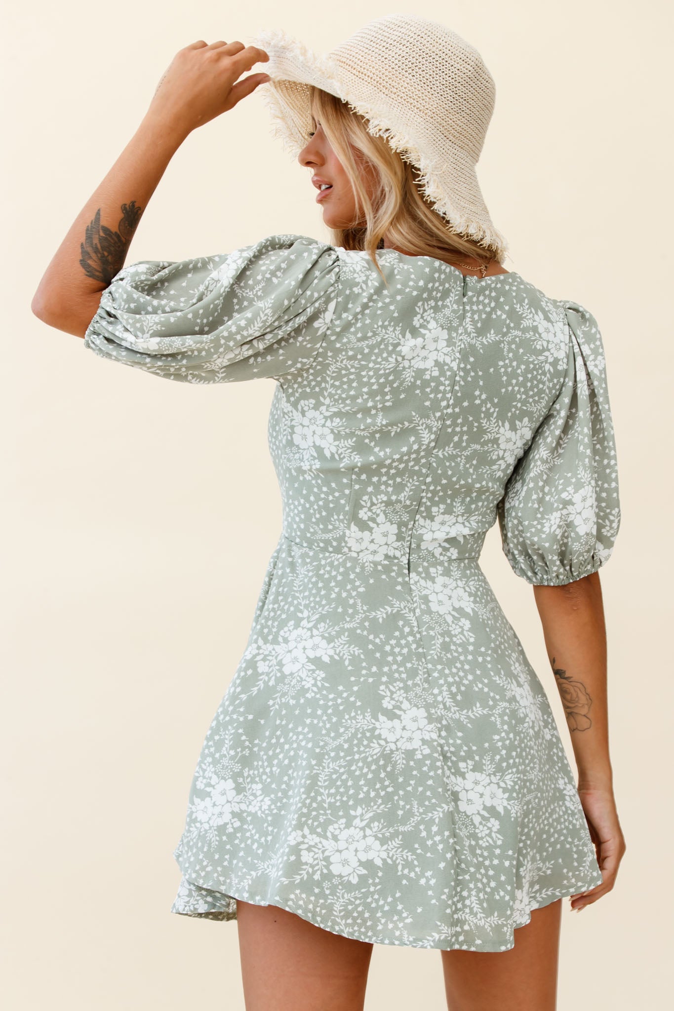 Shop the Portia Tied Bust Puff Sleeve Dress Flower Pattern Sage ...