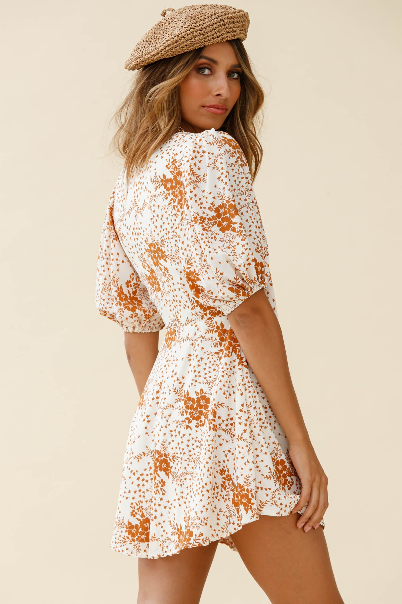 Portia Tied Bust Puff Sleeve Dress Flower Pattern Tan by Selfie Leslie
