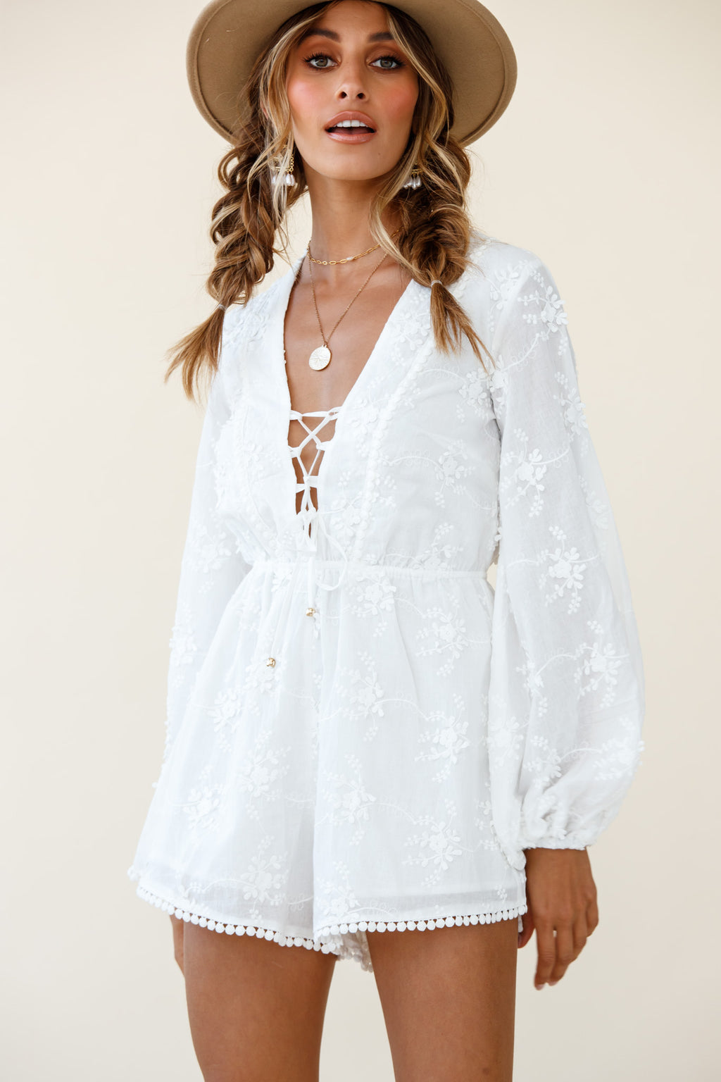 Esperanza Long Balloon Sleeve Floral Embroidery Romper White by Selfie Leslie
