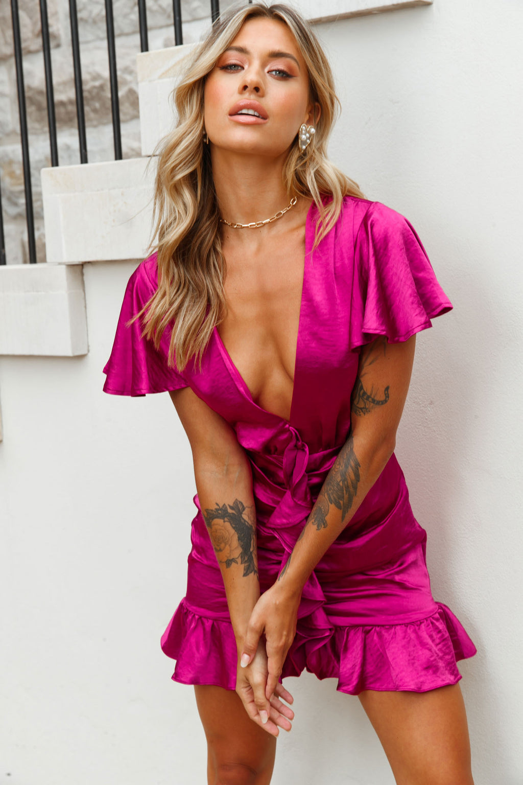 Cherish The Moment Ruched Ruffle Dress Plum by Selfie Leslie