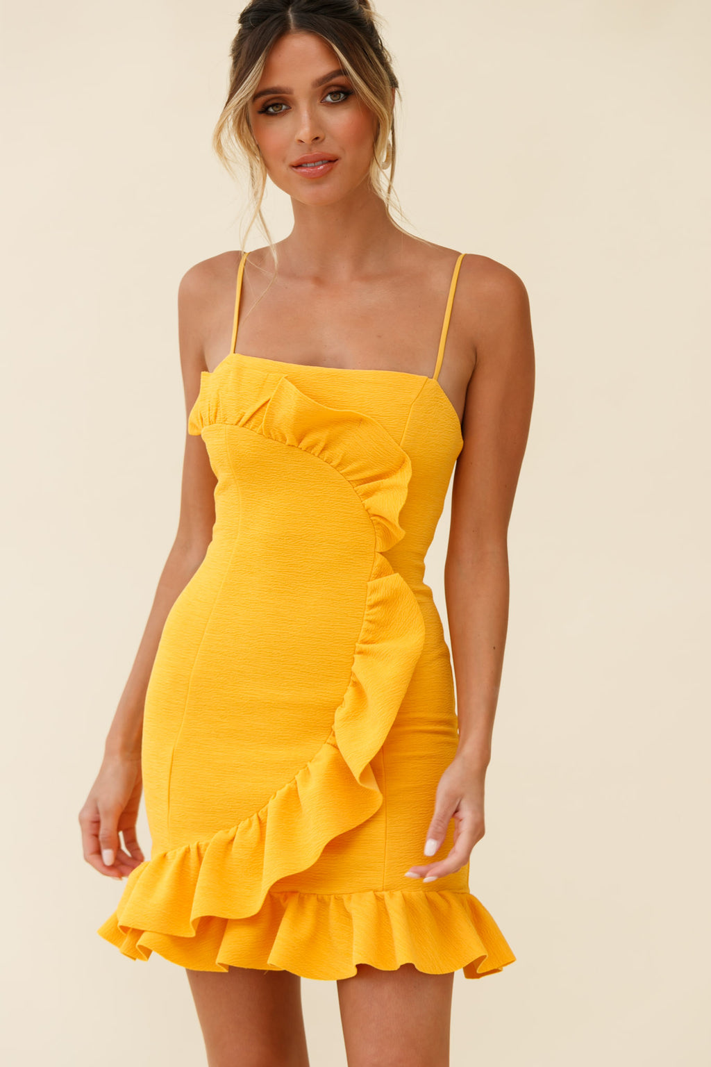 Juanita Half Moon Ruffle Detail Bodycon Dress Yellow by Selfie Leslie