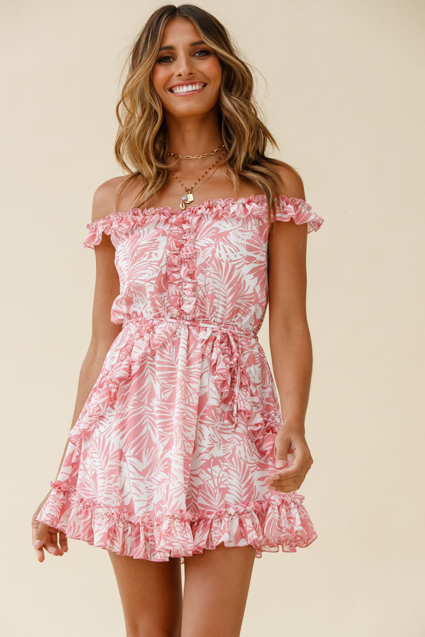 Sail Away Off-Shoulder Frill Accent Dress Tropical Print Pink by Selfie Leslie