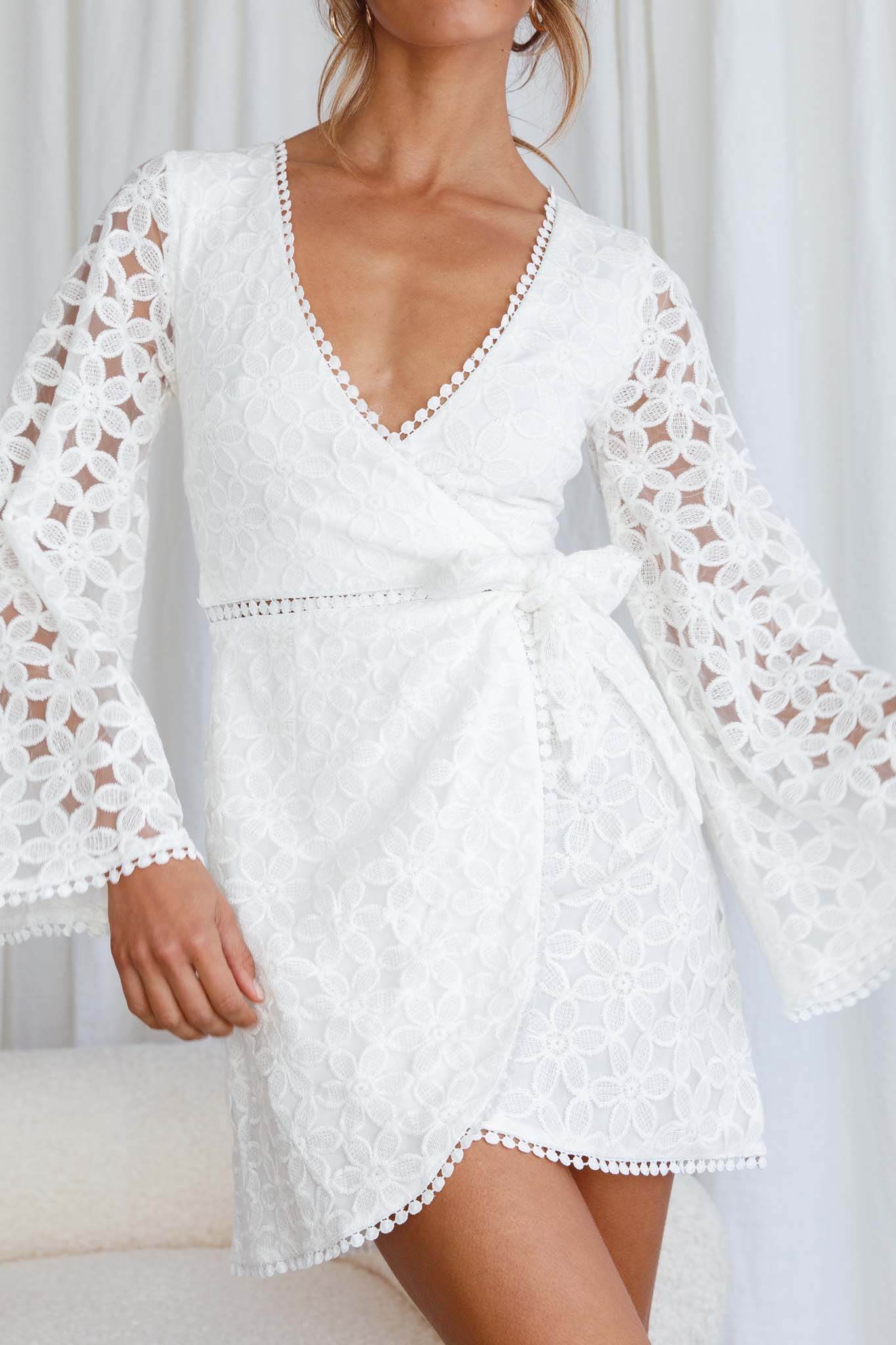 Santa Cruz Bell Sleeve Embroidered Wrap Mini Dress White by Selfie Leslie