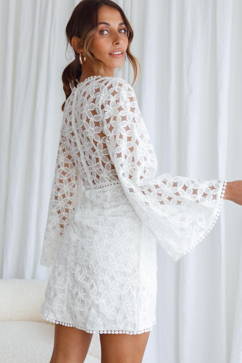 Santa Cruz Bell Sleeve Embroidered Wrap Mini Dress White by Selfie Leslie