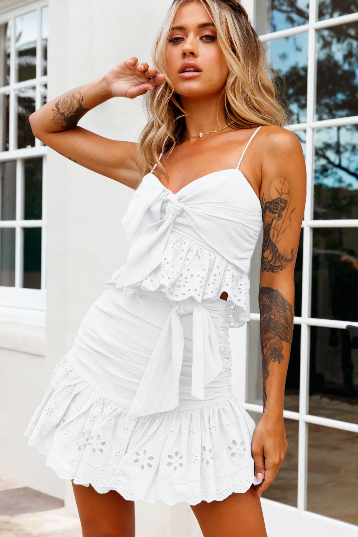 Heartland Waist Tie Eyelet Embroidery Hem Skirt White by Selfie Leslie