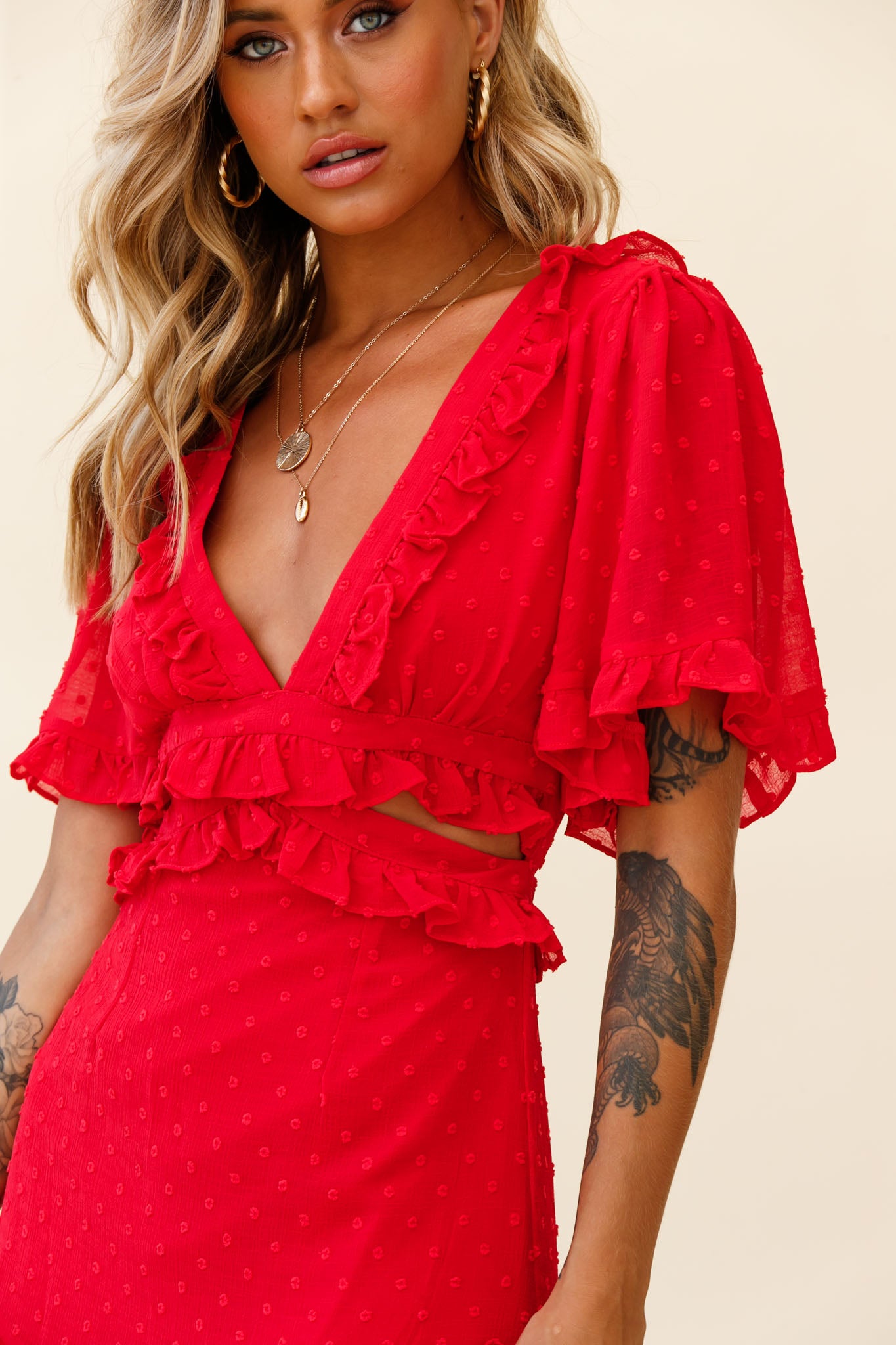 My Belle Cut-Out Detail Frill Accent Dress Vintage Floral Print Peach