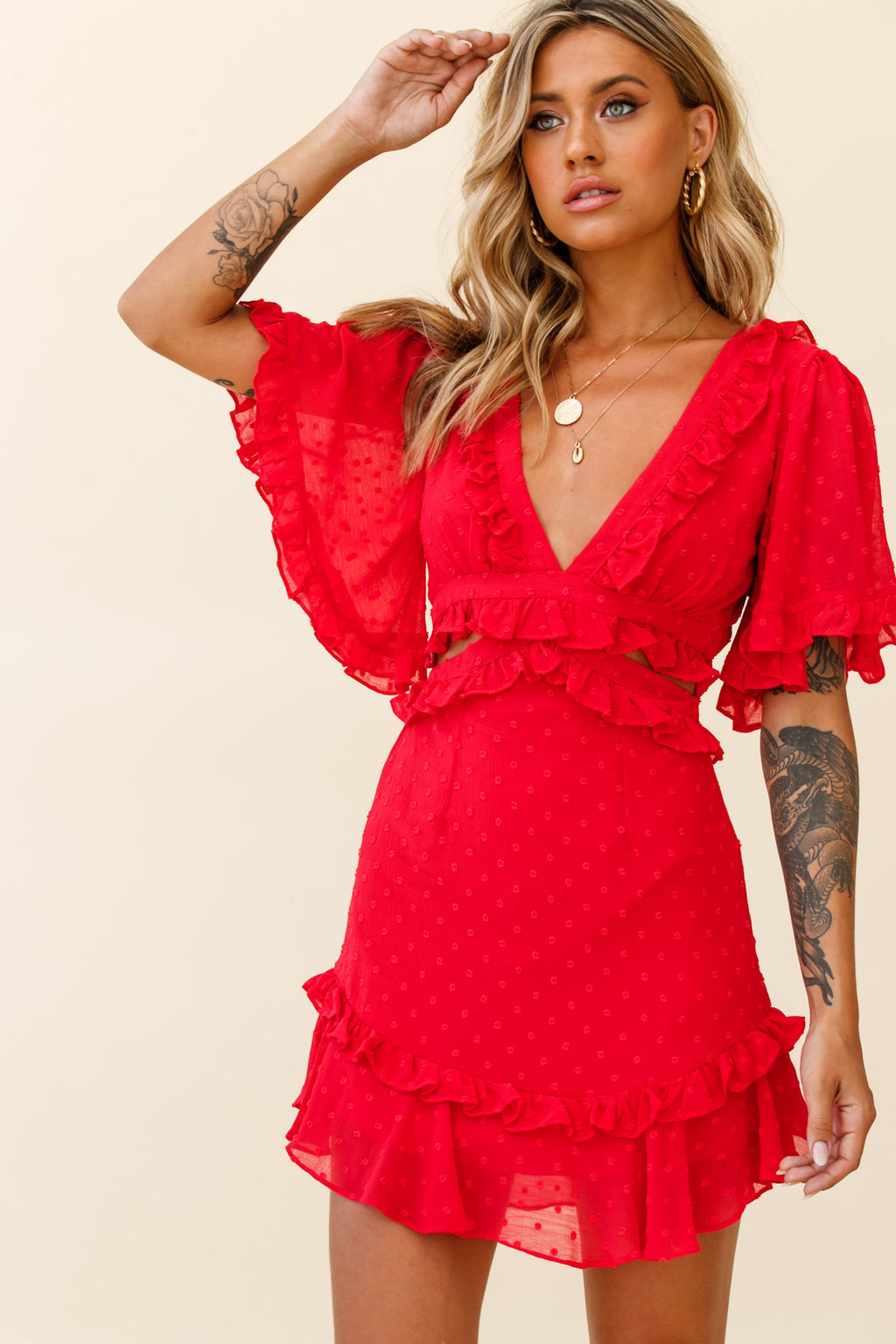 My Belle Cut-Out Detail Frill Accent Dress Red by Selfie Leslie
