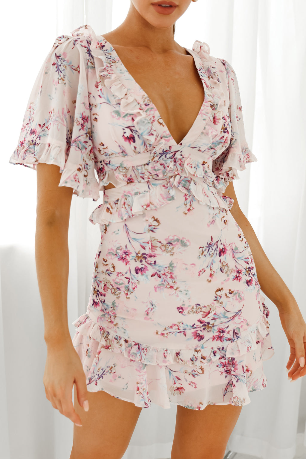 My Belle Cut-Out Detail Frill Accent Dress Floral Print Pink by Selfie Leslie