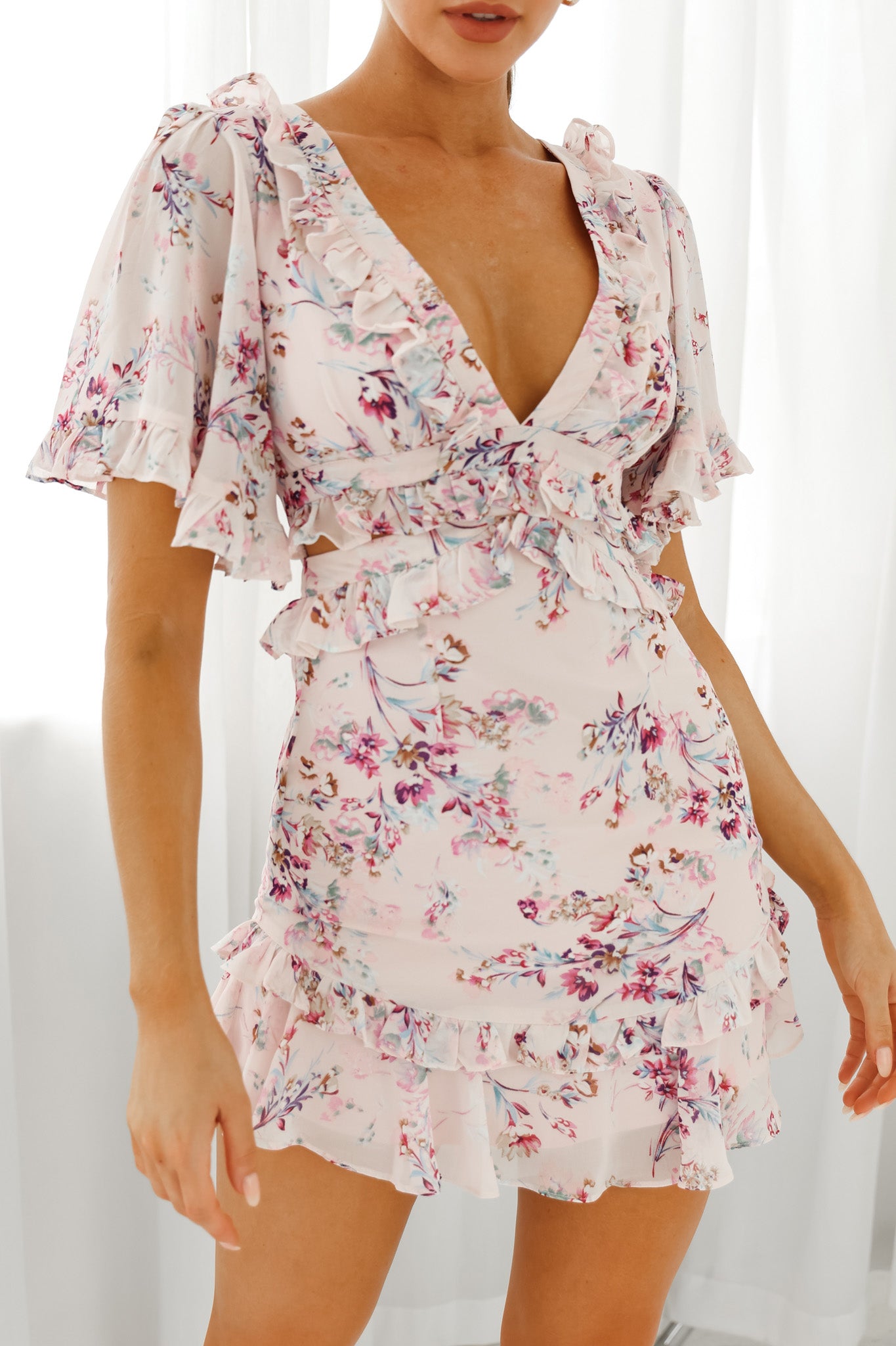My Belle Cut-Out Detail Frill Accent Dress Floral Print Pink by Selfie Leslie