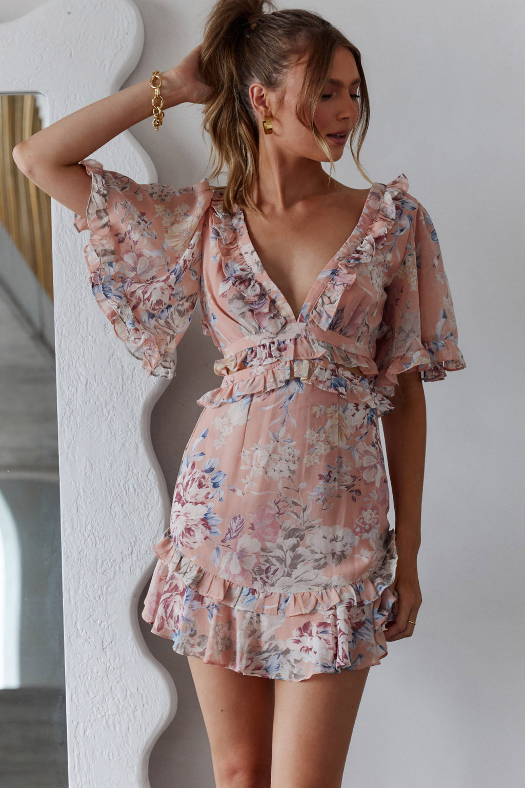 My Belle Cut-Out Detail Frill Accent Dress Vintage Floral Print Peach by Selfie Leslie