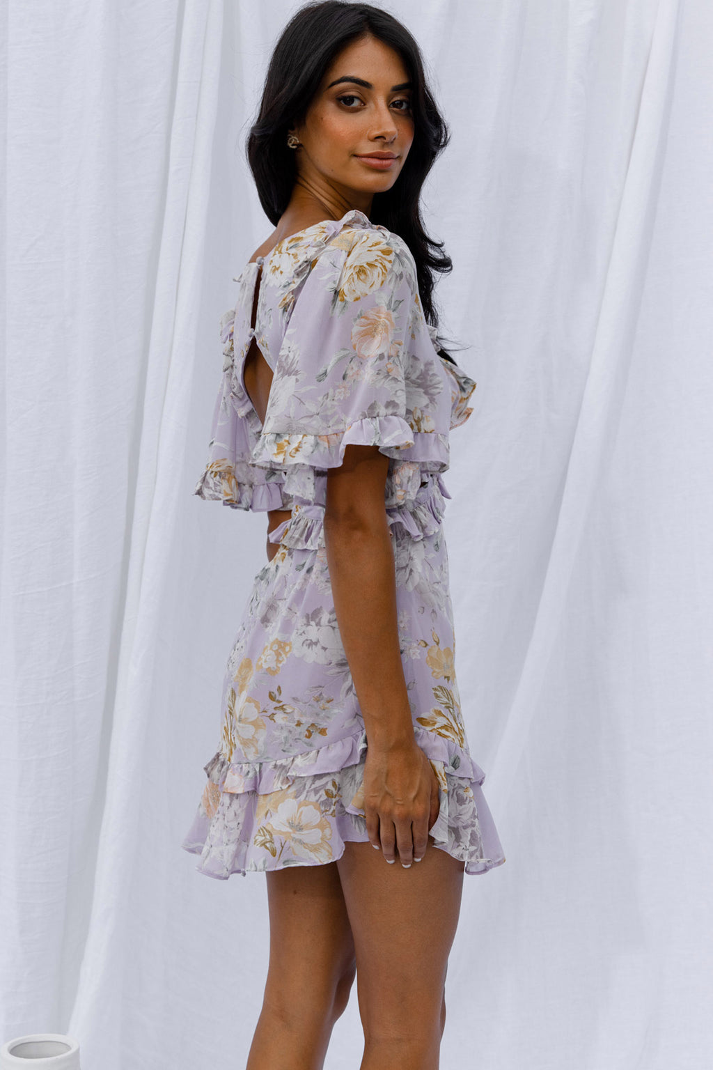 My Belle Cut-Out Detail Frill Accent Dress Vintage Floral Print Lilac by Selfie Leslie