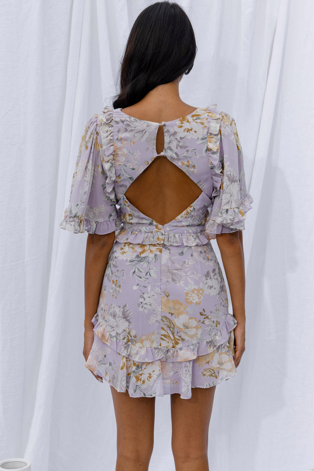 My Belle Cut-Out Detail Frill Accent Dress Vintage Floral Print Lilac by Selfie Leslie