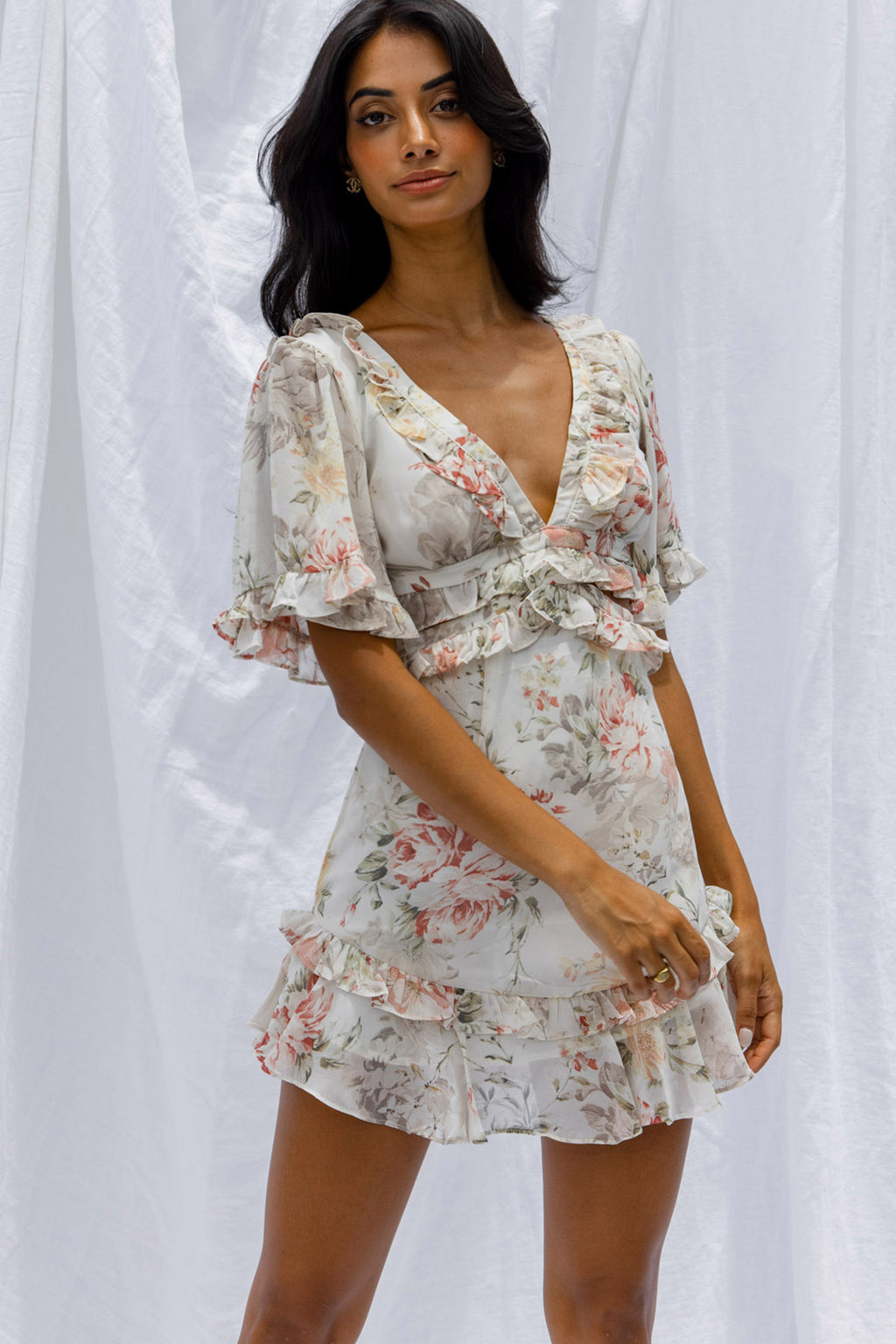 My Belle Cut-Out Detail Frill Accent Dress Vintage Floral Print White by Selfie Leslie