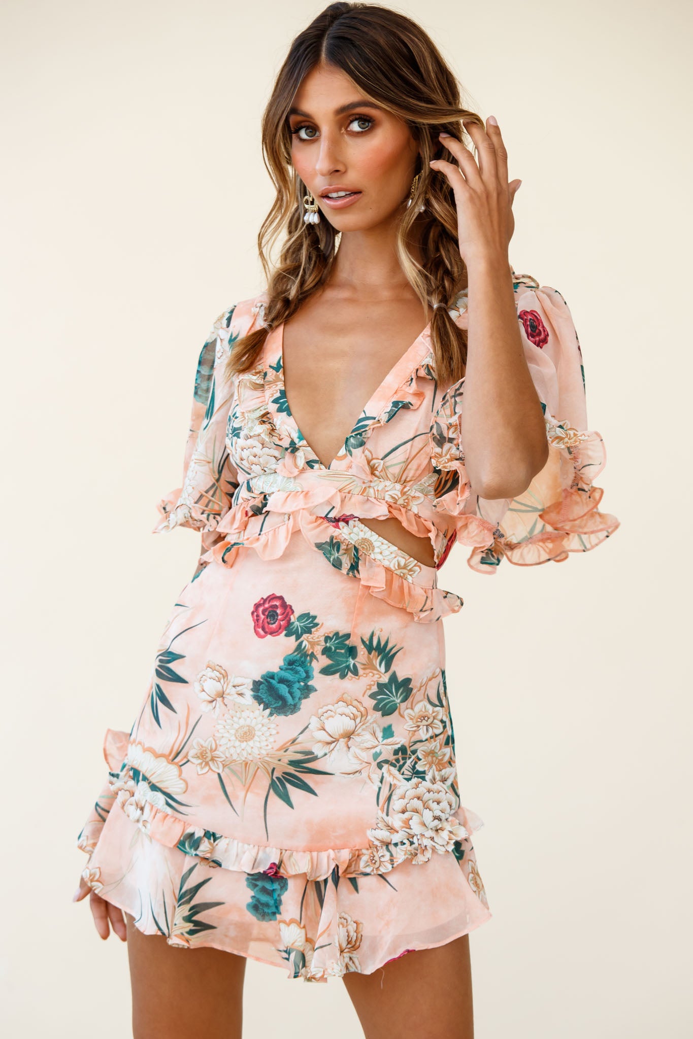 My Belle Cut-Out Detail Frill Accent Dress Floral Print Orange by Selfie Leslie