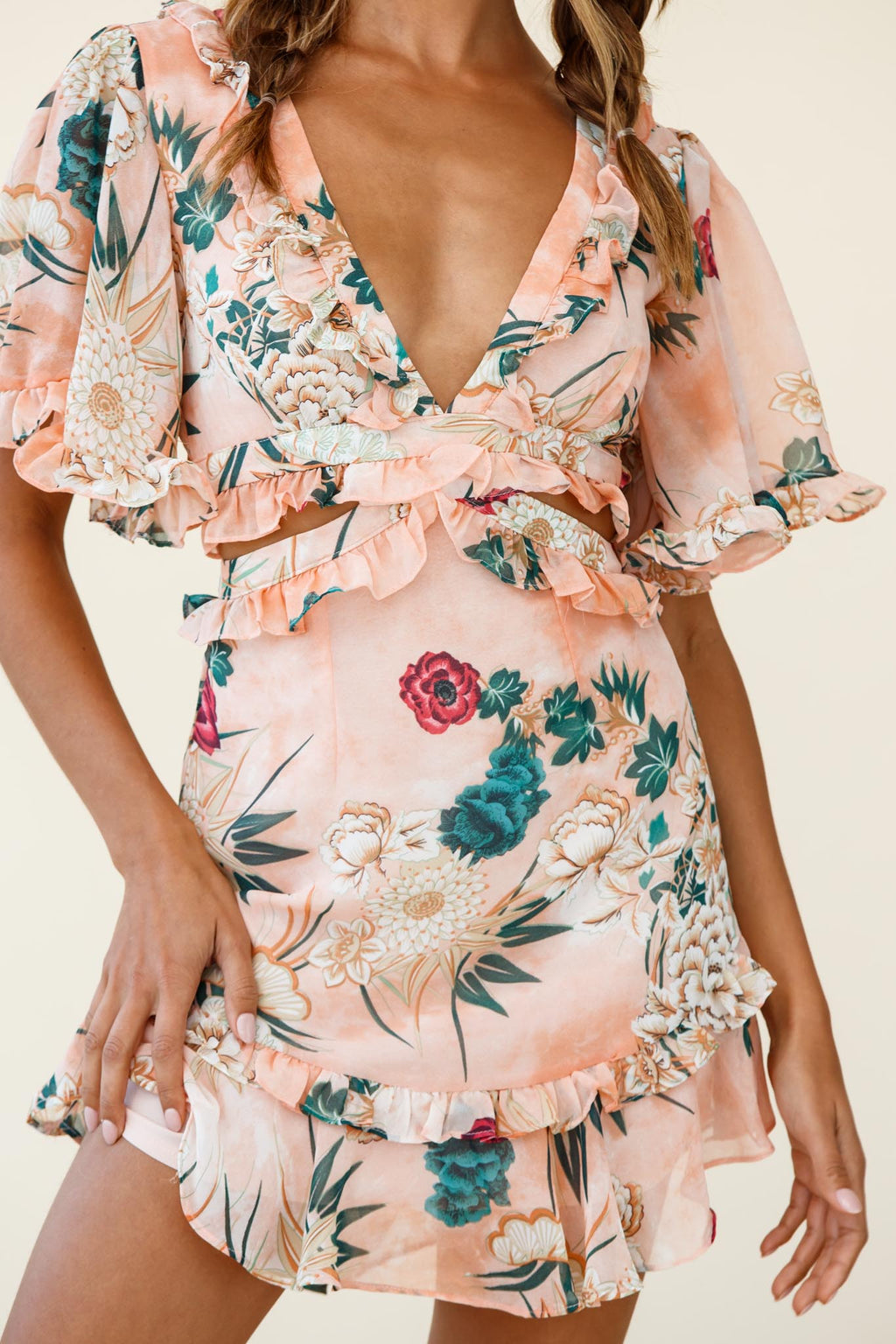 My Belle Cut-Out Detail Frill Accent Dress Floral Print Orange by Selfie Leslie
